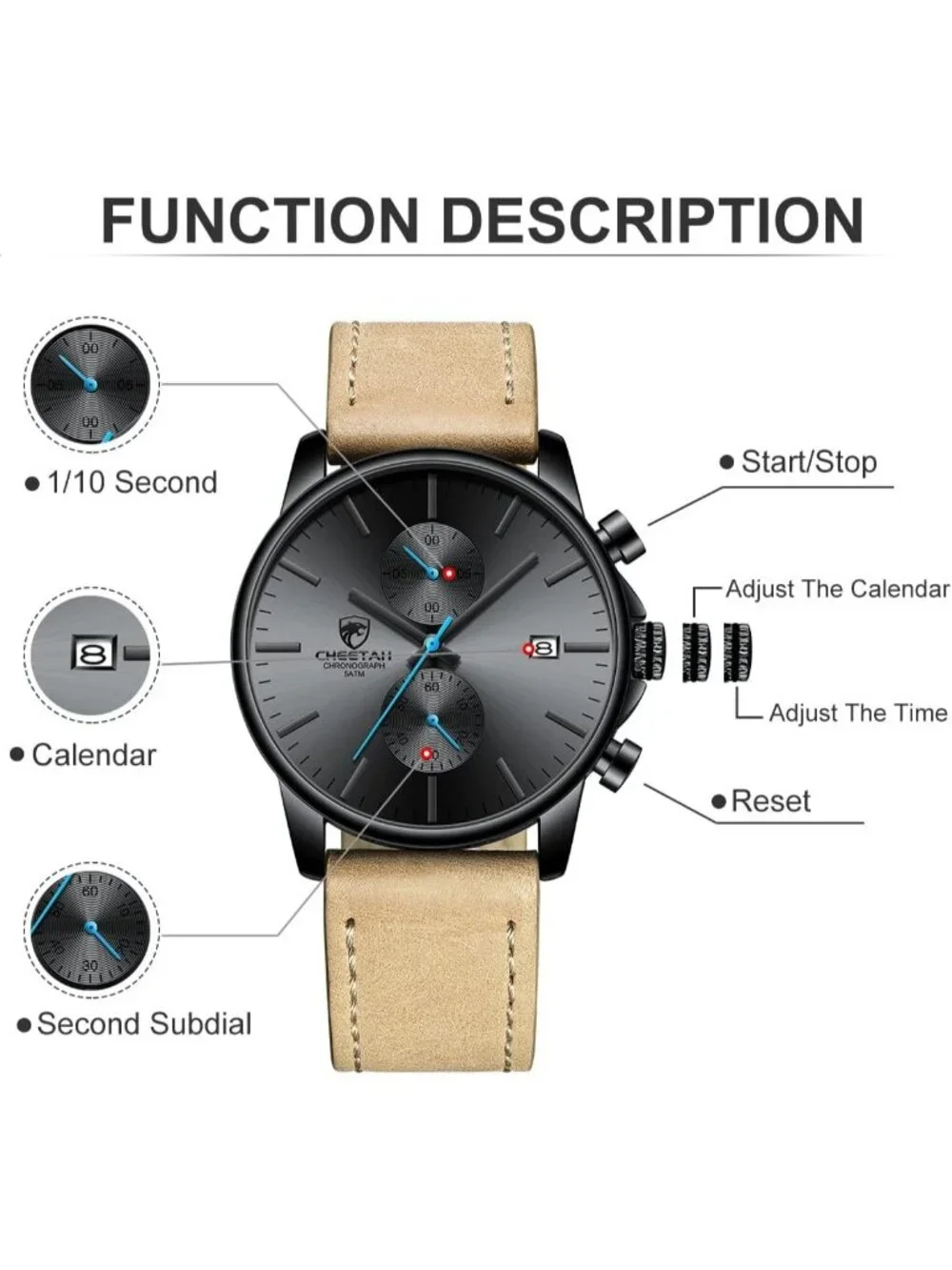 Men's Leather Blue hands Fashion Minimalist Quartz Analog Chronograph Wristwatch
